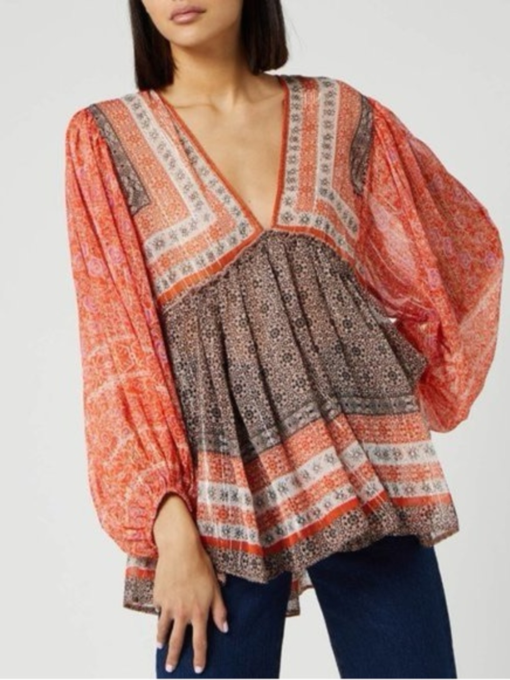Free People Boho V-Neck Peasant Blouse in Rust and Brown